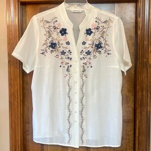 Embroidered Cotton Silk Short Sleeve Blouse Orvis‎ Sz L EUC